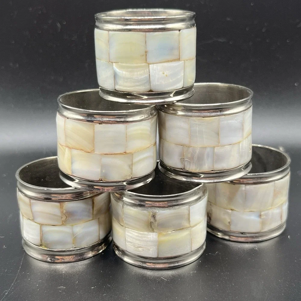 Silver Tone Mother of Pearl Inlay Set of 6 Napkin Rings Vintage